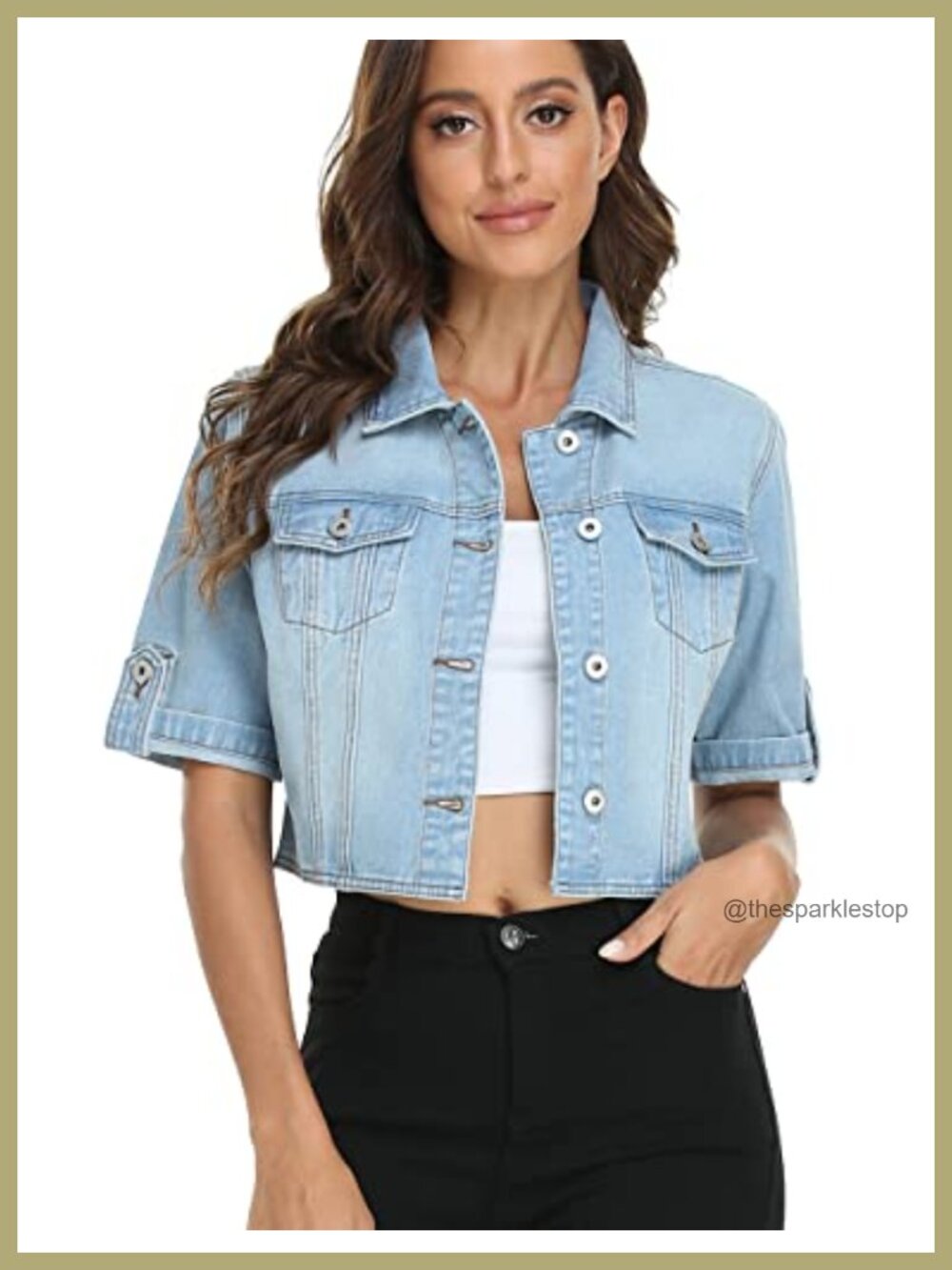 Cropped Denim Jacket Short Sleeve Button Down Cotton Women's Jean Coat